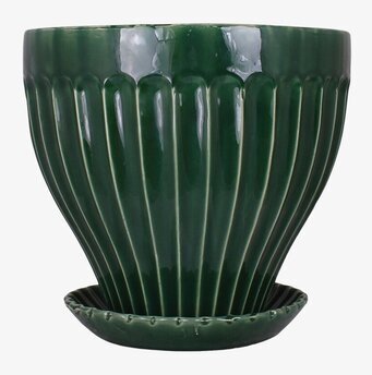 Foto av mörkgrön keramikkruka med fat, 25 cm hög