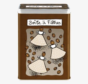 Bild av brun plåtburk för kaffefilter med illustration