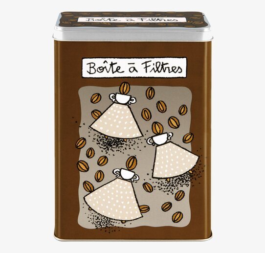 Bild av brun plåtburk för kaffefilter med illustration
