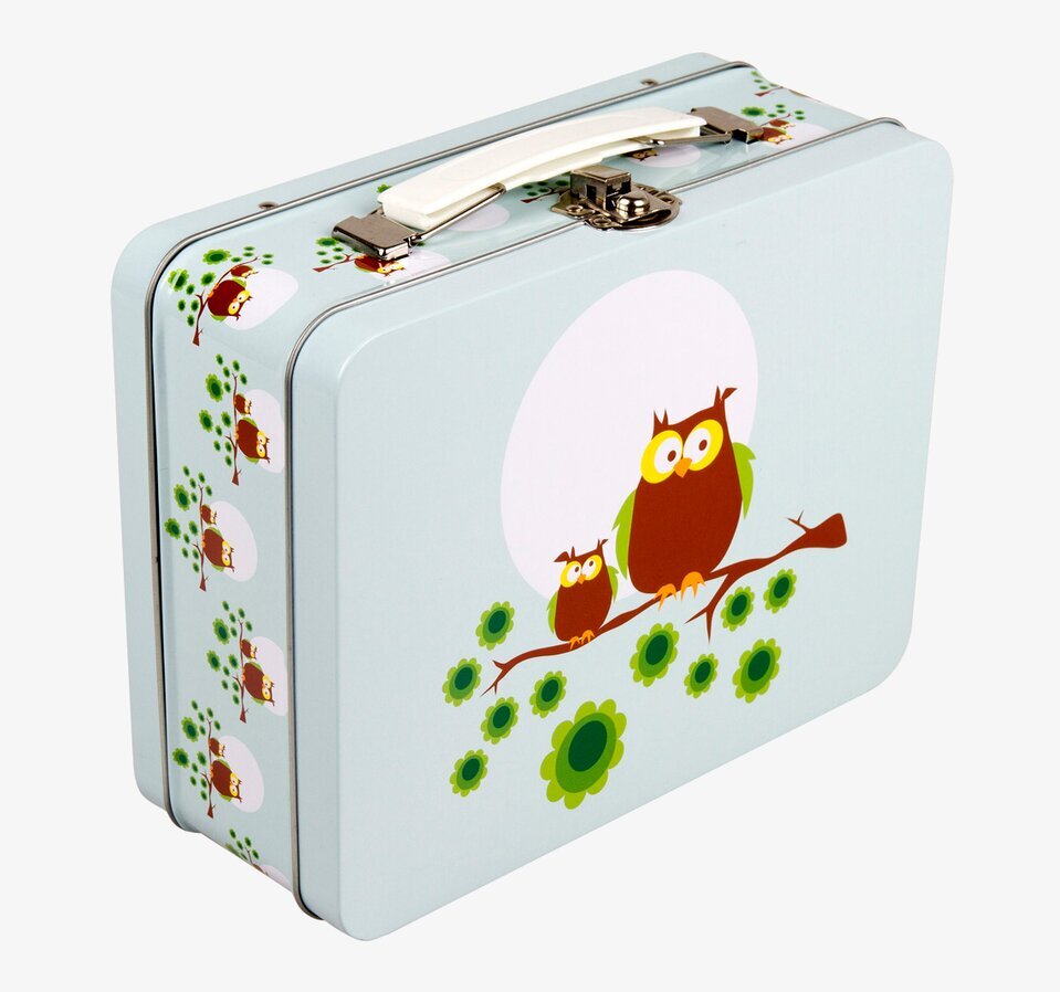 Bild på mintblå lunchlåda med ugglor och blommor