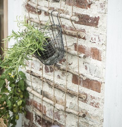 Bild av rustik träspaljé med växter och tegelvägg