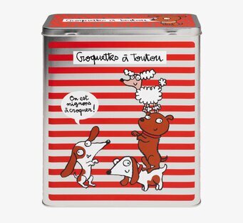 Bild av röd plåtburk med lekfulla hundillustrationer