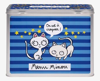 Bild av lekfull plåtburk med kattmotiv och blå design