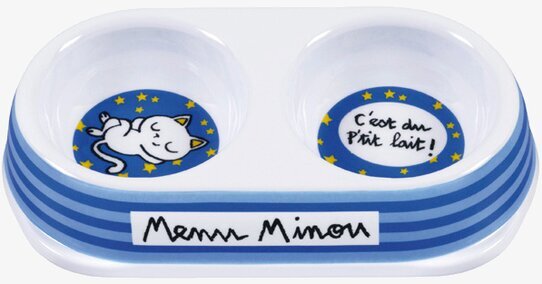 Bild av blå kattmatskål med två fack och lekfull design