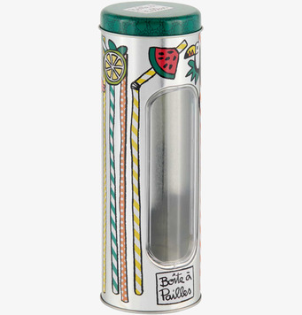 Bild av färgglad plåtburk för sugrör med frukttema