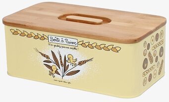 Bild av gul brödburk med bambulock och illustrationer