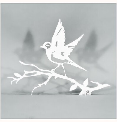 Bild av stiliserad vit sädesärla i minimalistisk design