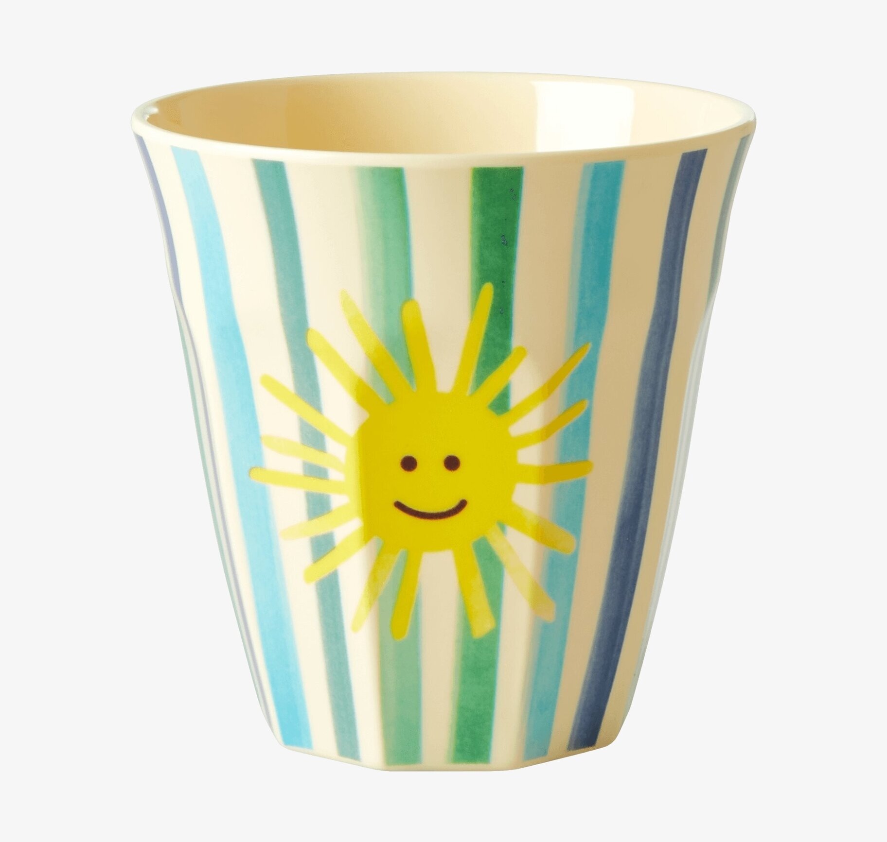 Bild på mugg med lekfullt solmotiv och blå ränder