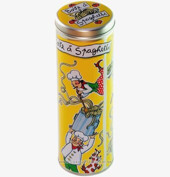 Bild av färgglad plåtburk med retro-kockar och hund