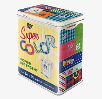 Bild av färgglad retro plåtburk för tvättmedel