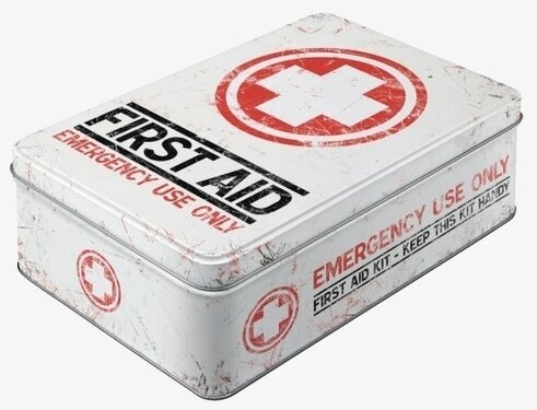 Plåtburk First Aid #1 från Bromma Kortförlag, vit och röd