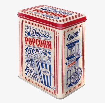 Bild av retro plåtburk för popcorn i nostalgisk stil