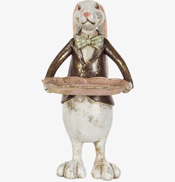 Bild av dekorativ kaninfigur med fat och kostymjacka