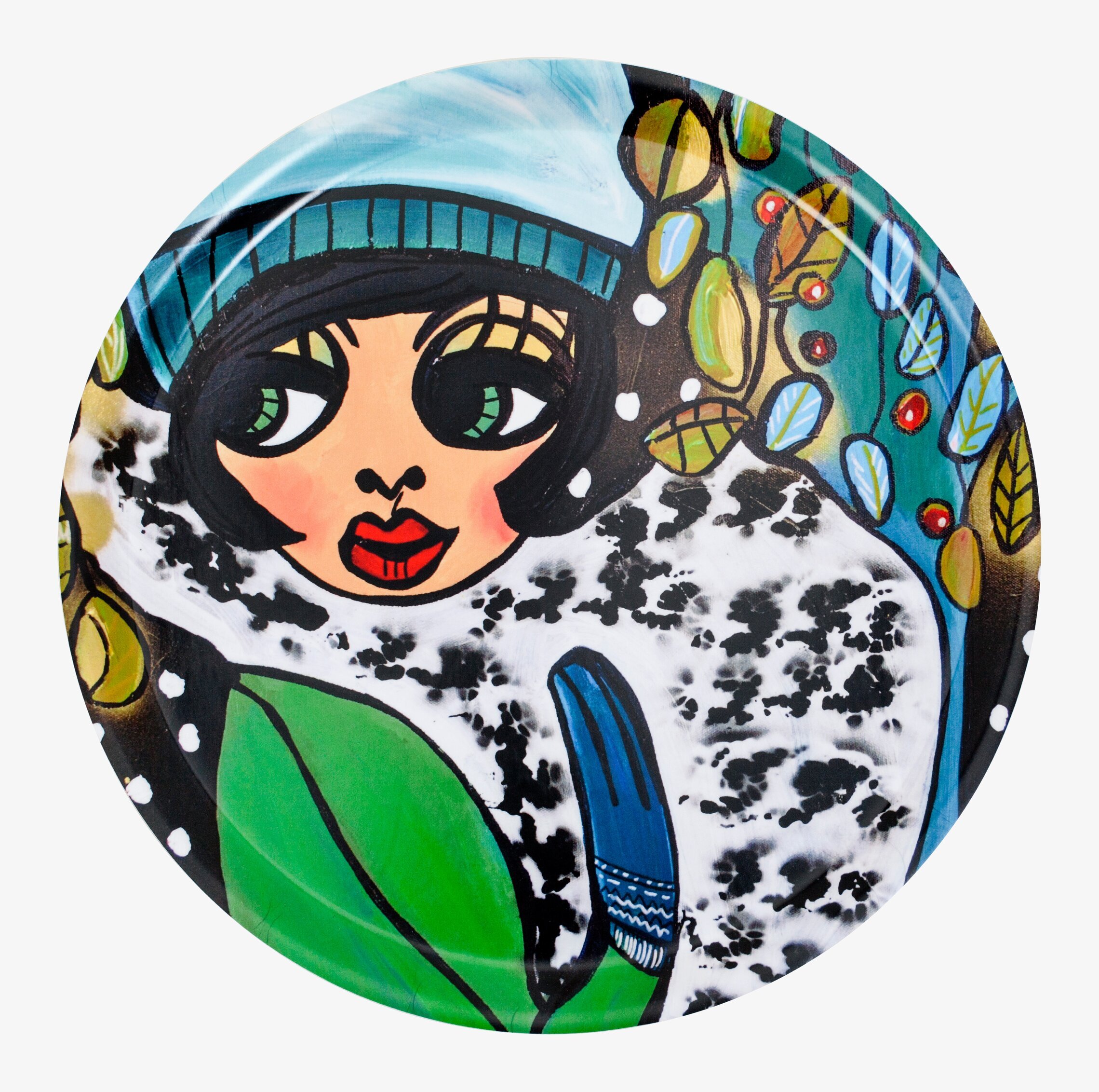 Bild av dekorativ rund bricka med livfull vinterdesign