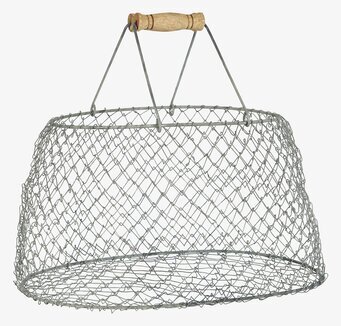 Bild av vikbar trådkorg med trähandtag och nätmönster