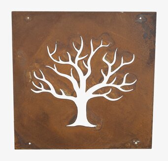Bild av dekorativ skylt med träd i rostig metall