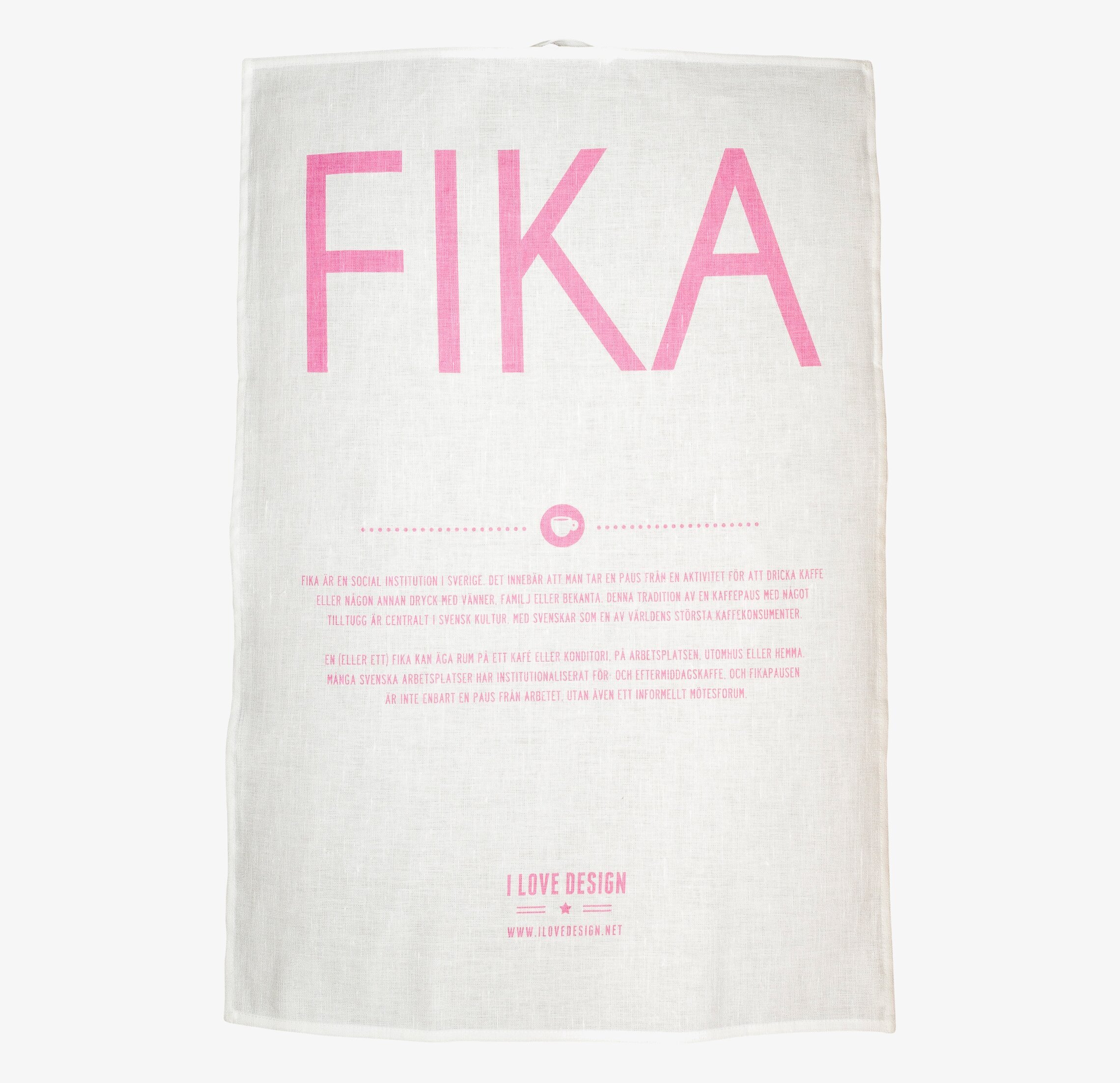 Bild av kökshandduk med rosa FIKA-text och svensk design