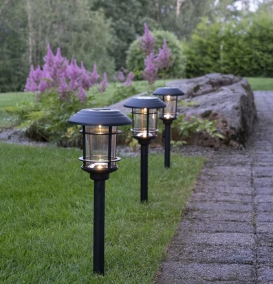 Bild av harmonisk trädgård med solcellsbelysning