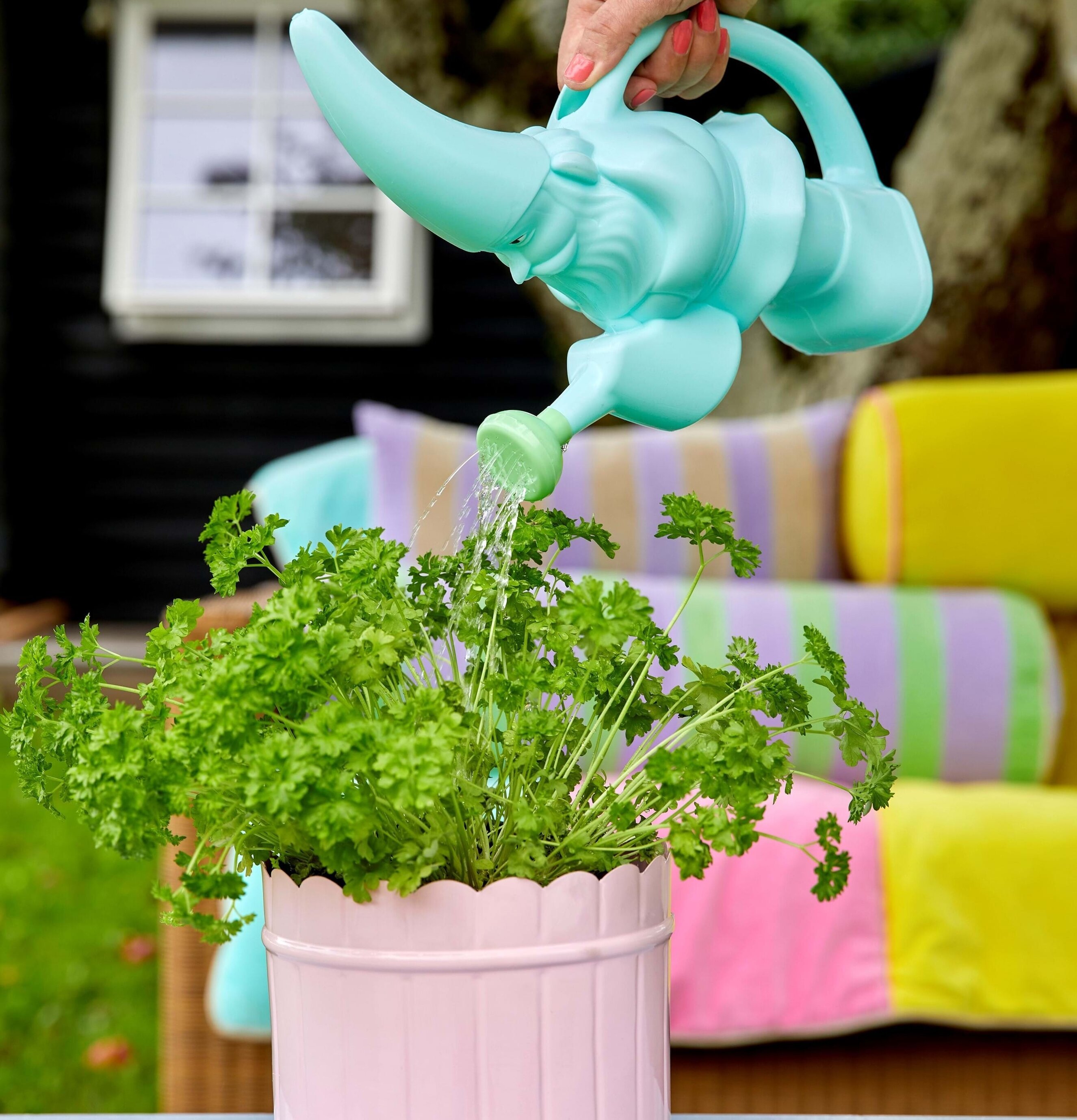 Bild av en unik vattenkanna i trädgårdsmiljö