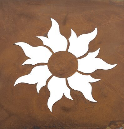 Foto av rostig metallskylt med solmotiv och textur