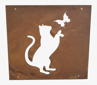 Bild av en dekorativ skylt med kattmotiv i rostfärg