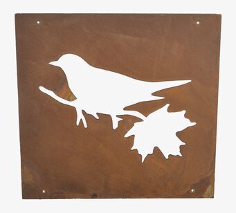 Bild av konstnärlig skylt med fågel i rostigt nät