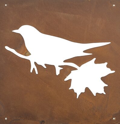Bild av dekorativ skylt med fågel och lönnlöv