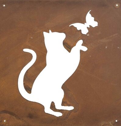 Bild av dekorativ skylt med katt och fjärilsmotiv