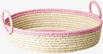 Bild av rund brödkorg i pastellfärger och naturmaterial