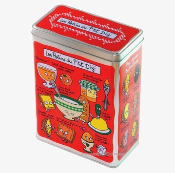 Bild av färgstark plåtburk med humoristisk frukostdesign