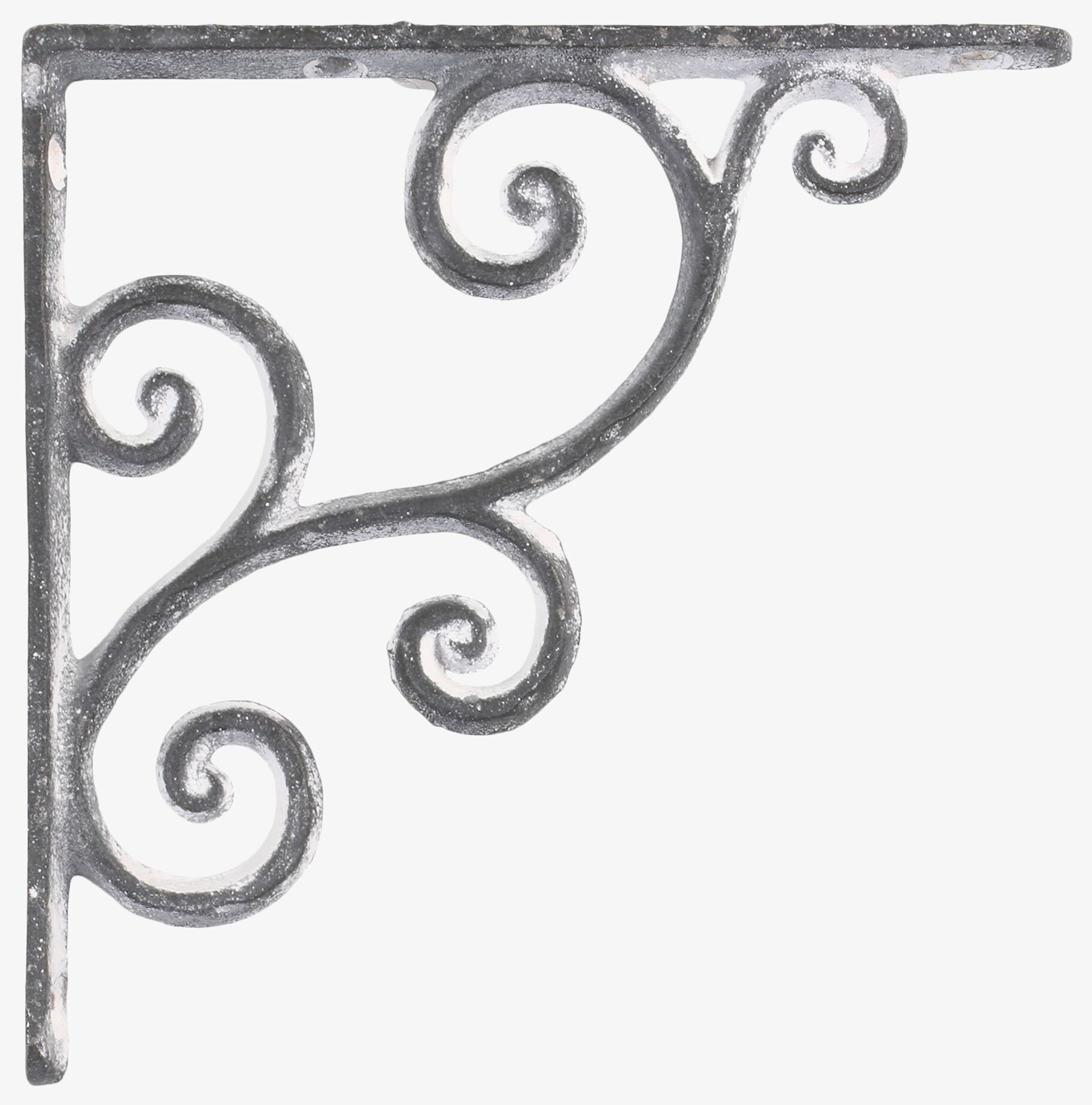 Foto av antikgrå hyllkonsol med snirkliga detaljer