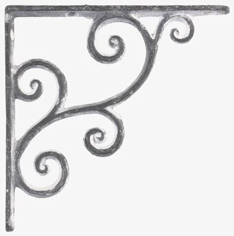 Foto av antikgrå hyllkonsol med snirkliga detaljer