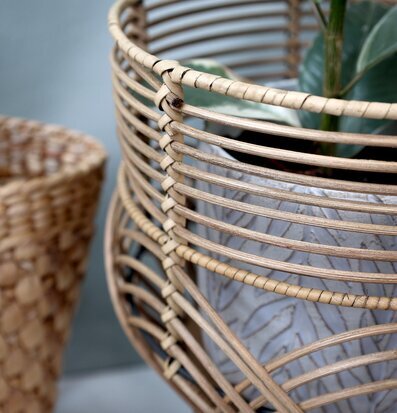 Bild av stilfulla flätade rottingkrukor med växt