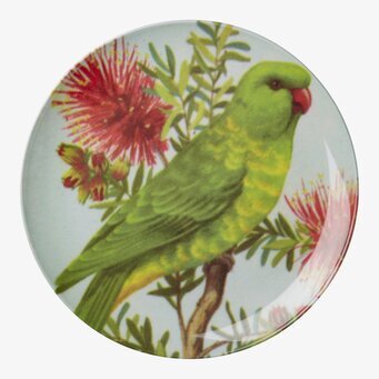 Bild av dekorativ tallrik med naturmotiv och papegoja