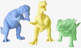 Bild av tre färgglada leksaksdinosaurier för barn