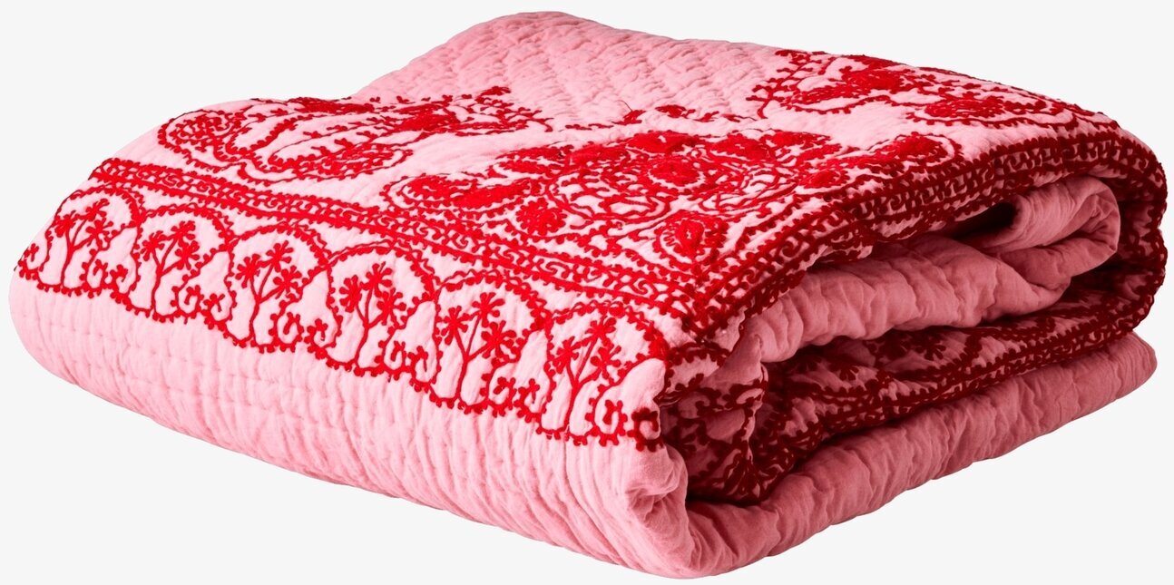 Överkast Pink/Red Embroidery från Rice med röd brodyr