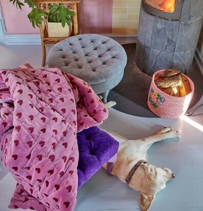 Bild av hemtrevlig interiör med braskamin och detaljer