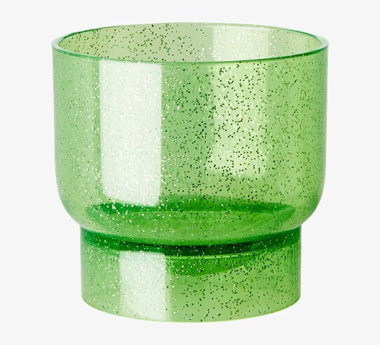 Bild av ett glittrande grönt plastglas med glittereffekt