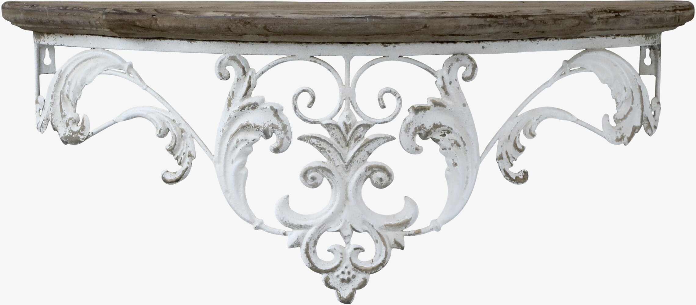 Bild av väggmonterad hylla med spetskant och trä