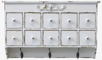 Bild av vintage vägghylla med lådor och krokar