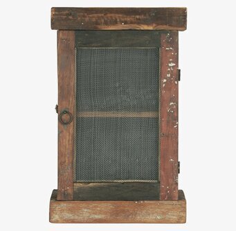 Bild av rustikt väggskåp med nät och trädetaljer