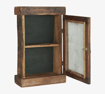 Foto av rustikt väggskåp med metallnät och träfinish