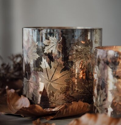 Bild av stilfull ljuslykta med höstlöv och varmt ljus