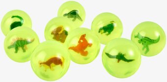 Foto av studsbollar med dinosaurietema i neonfärger