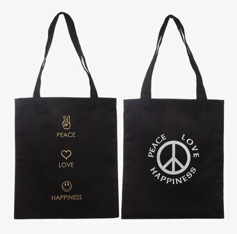 Bild av svart canvasväska med fred, kärlek, lycka