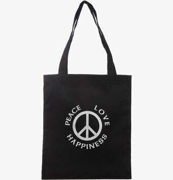 Bild av svart canvasväska med fredssymbol i vitt