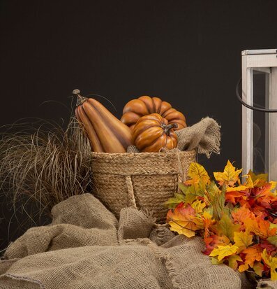 Bild av stilfullt höstarrangemang med pumpor och löv