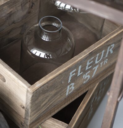 Bild av trälåda med glasflaska och dekorativ växt