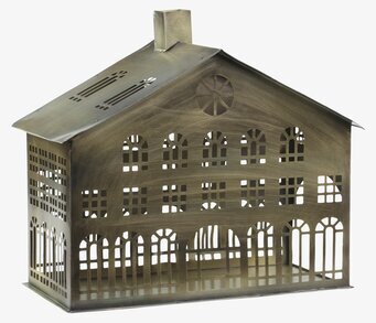 Bild av antik mässingsljuslykta formad som ett hus