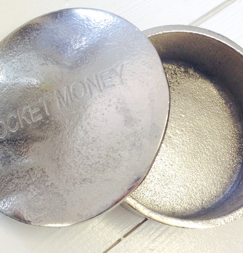 Box Pocket Money från THG, rund metallburk med präglad text